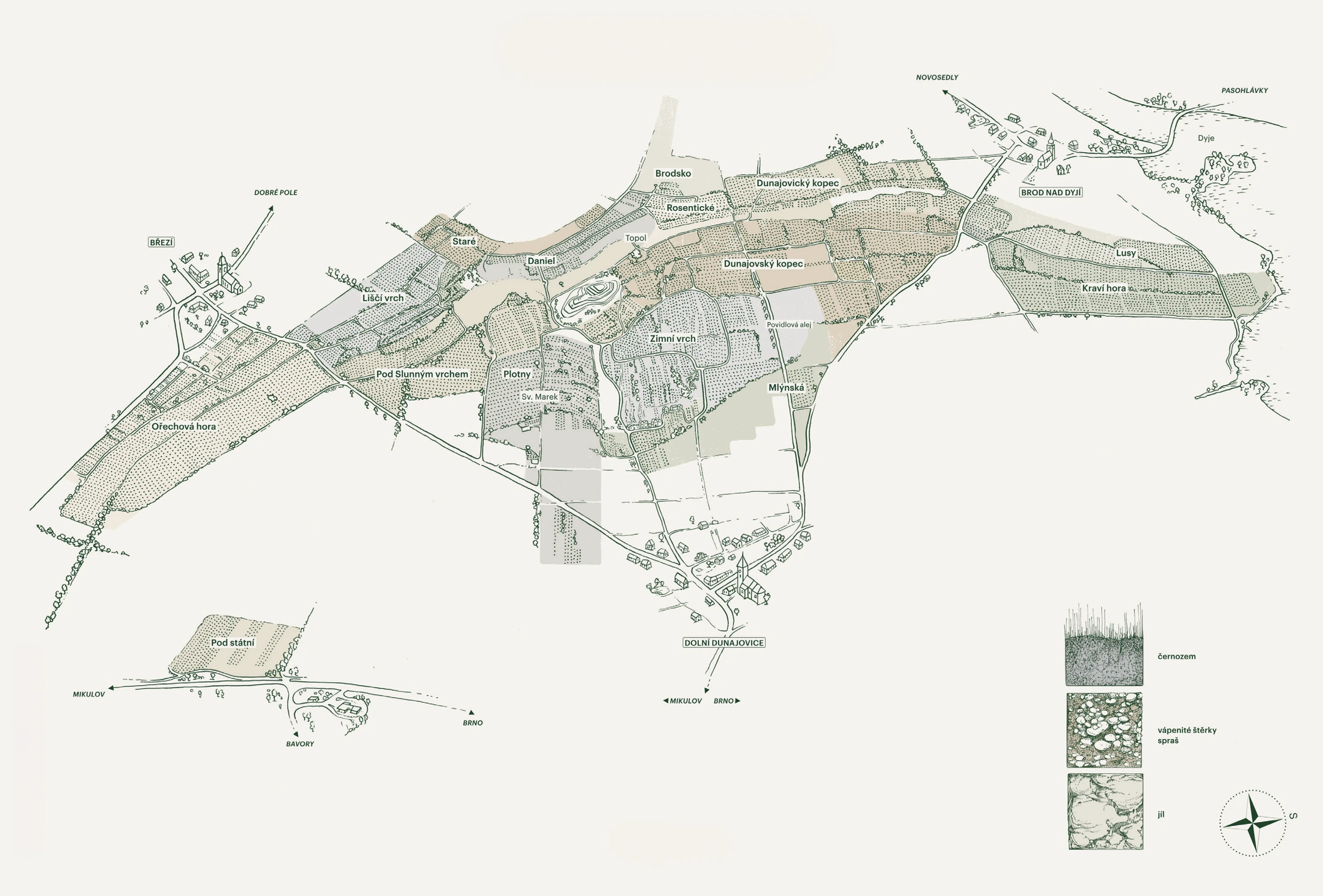 Ilustrovaná mapa viničních tratí Dunajovských kopců, Dolních Dunajovic a Březí